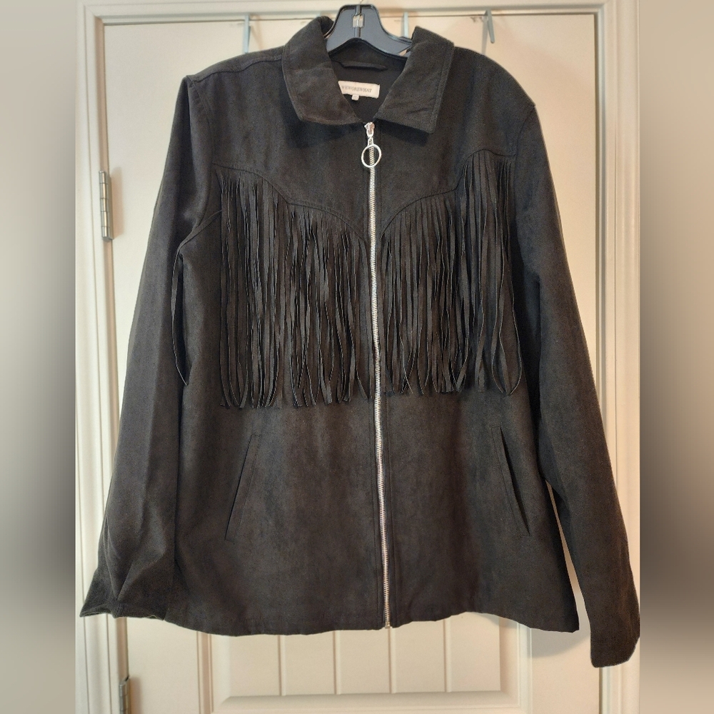 WeWoreWhat Black Fringed Faux Suede Women's Jacket Western Southwestern XXL
